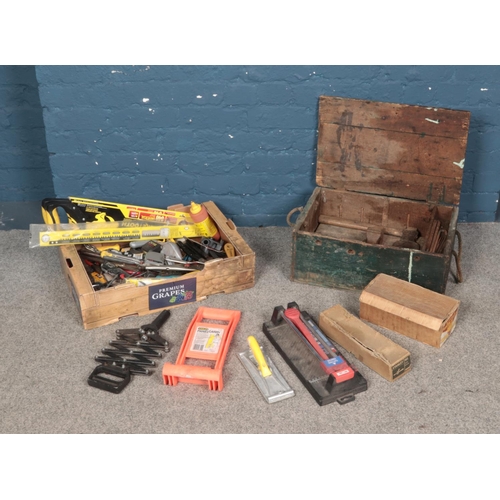 264 - Two boxes of mostly hand tools including a wooden ammo box.