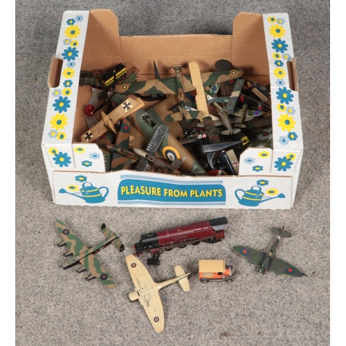 268 - A box of model/diecast vehicles, mostly military planes, including Horby Dublo Duchess of Atholl tra... 