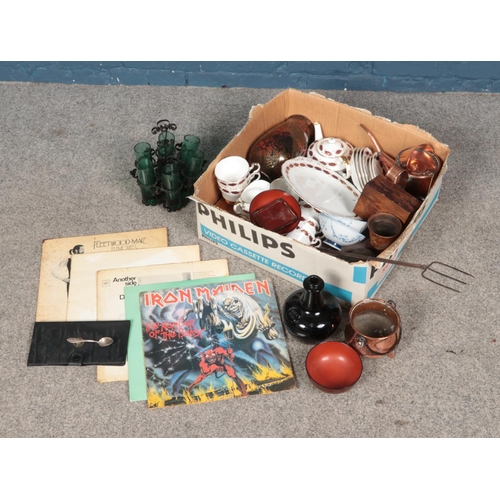 273 - A box of miscellaneous to include small selection of records, paragon part tea service, glassware, e... 