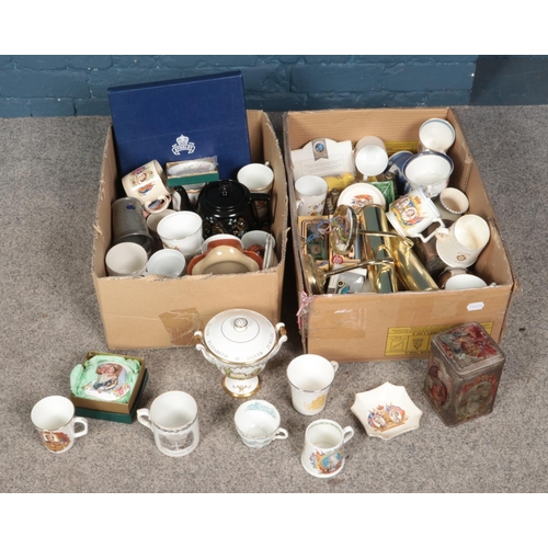 278 - Two boxes of miscellaneous mainly consisting of Royal commemorative ceramics along with two brass wa... 