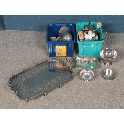 285 - Two boxes of silver plate and pewter including presentation tray, candlesticks, wine coaster, etc.