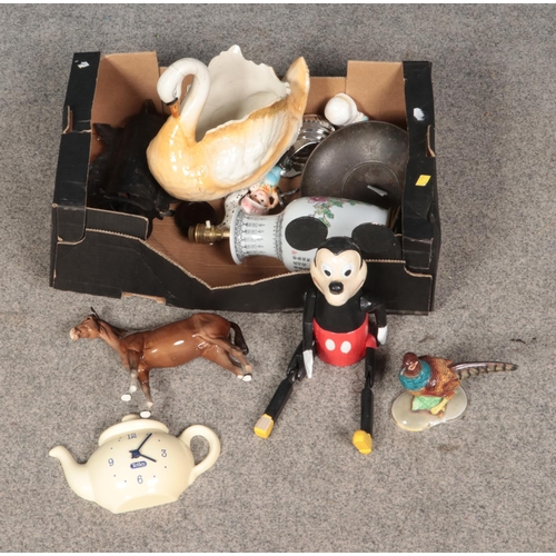 287 - A box of miscellaneous to include wooden Mickey Mouse toy, quartz Tetley teapot clock, Beswick figur... 