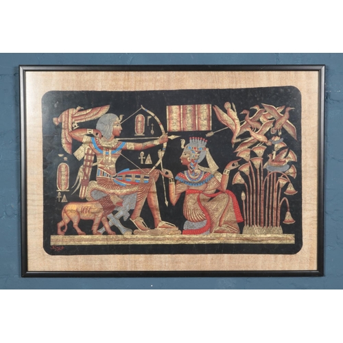 290 - A framed tapestry on papyrus, depicting an Egyptian scene with archer shooting at wildfowl. Height: ... 