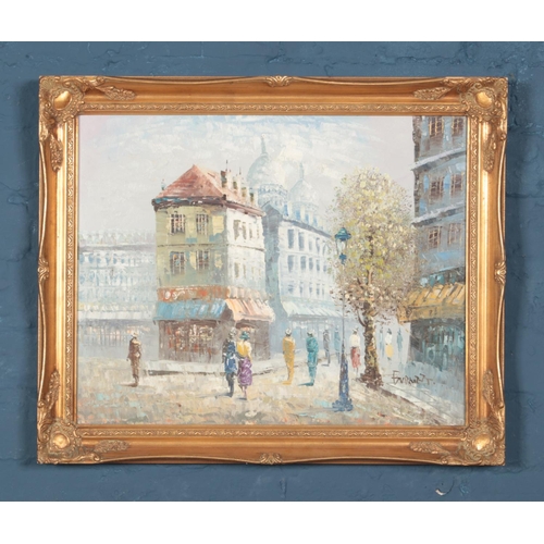 293 - Caroline Burnett gilt framed oil on canvas depicting Parisian street scene. Approx. dimensions inclu... 