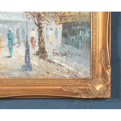 293 - Caroline Burnett gilt framed oil on canvas depicting Parisian street scene. Approx. dimensions inclu... 