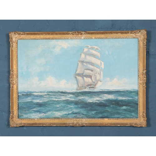 296 - A gilt framed oil on canvas depicting sailing ship at sea, signed W. Spooner to lower left. Approx. ... 