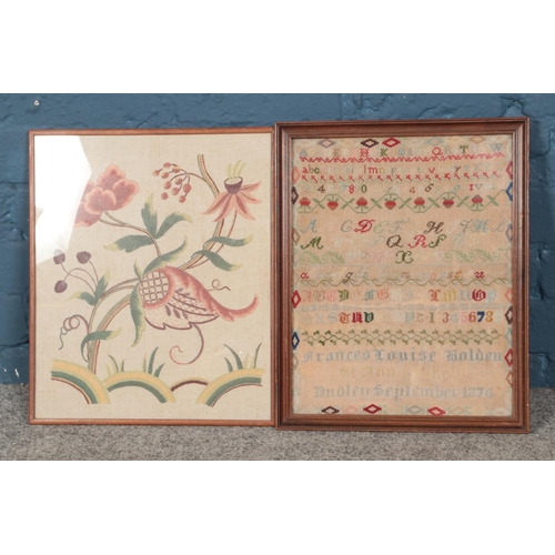 297 - A Victorian needlework sample by Frances Louise Holden, dated 1864 along with Jacobean Crewelwork fl... 