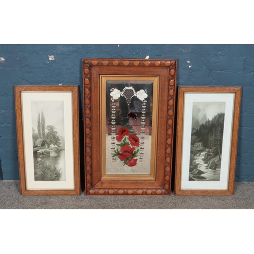 306 - Two black and white prints in oak framed along and a etched glass mirror with floral butterfly desig... 