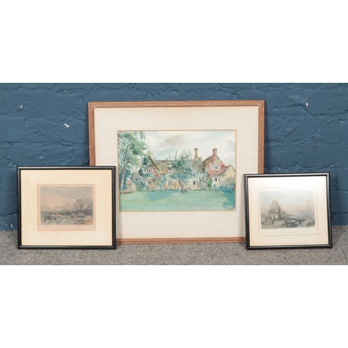 313 - C. Money framed watercolour depicting cottage scene along with two engravings.