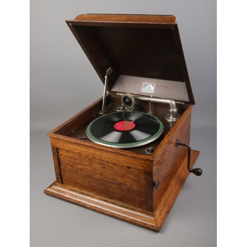 351 - A His Master's Voice hornless oak cased gramophone.