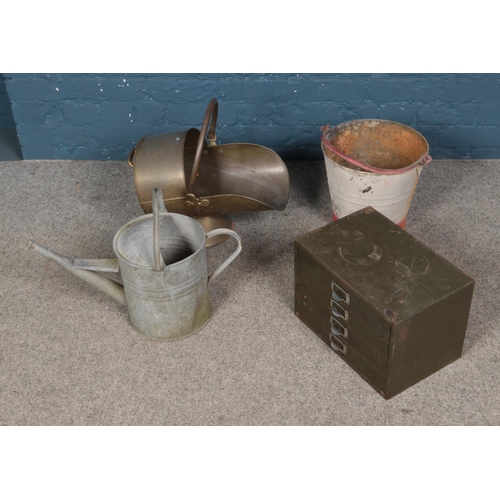 399 - A collection of metalwares including coal scuttle, small filling cabinet, watering can, etc.