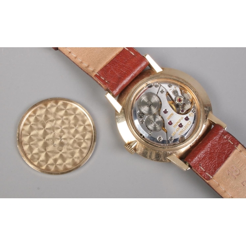 444 - A Gents Certina Jubile 9ct Gold manual wind wristwatch, on brown leather strap. With presentation ba... 