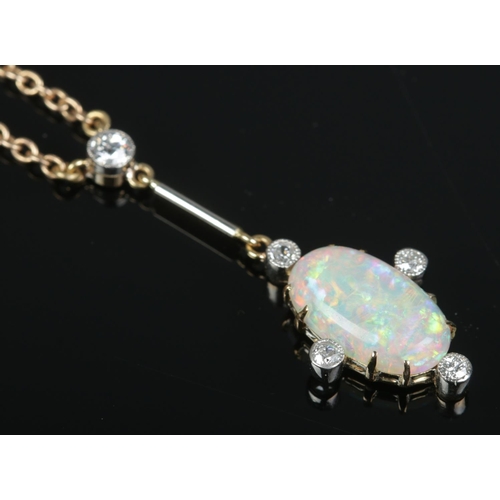 451 - An antique opal and diamond pendant necklet, with diamonds set in platinum. Tests to high carat gold... 