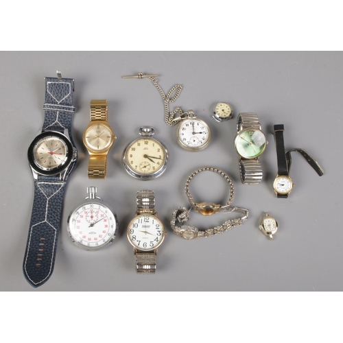 84 - A collection of assorted wrist and pocket watches. To include Gents Zentra Schwebering manual wind, ... 