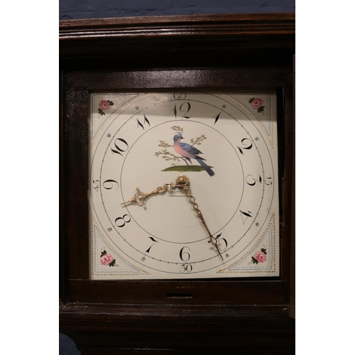 527 - Oak longcase clock for restoration, with central foliate crest to the door, Hand painted Arabic nume... 