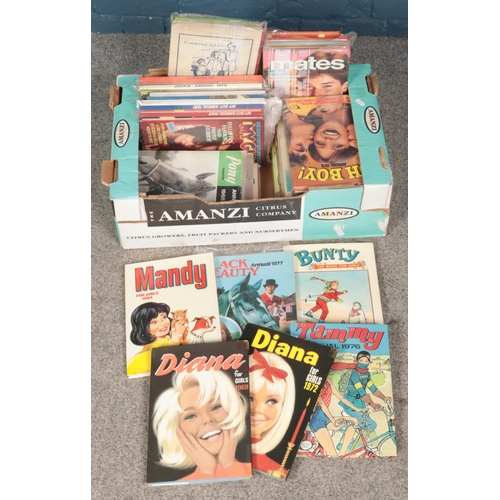 573 - A box of assorted girl's annuals including School Friend, Magpie, Diana, Jackie, etc.