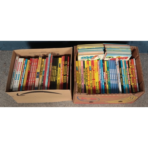 575 - Two boxes of boys annuals, to include Beezer, Dandy, Beano and Cor!