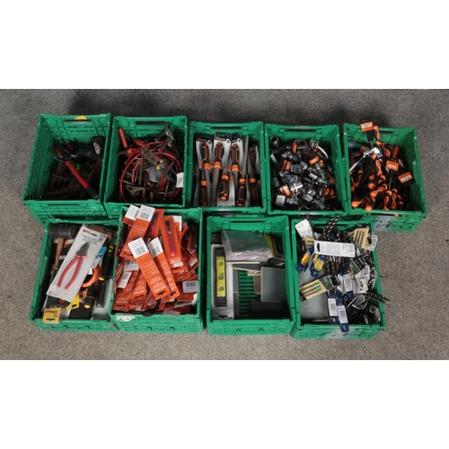 404 - Nine boxes of assorted tools, new and used. Includes drill bits, sockets, spanners, screwdrivers etc... 