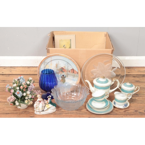 135 - A box of assorted items, to include Chinese part tea set, glass and Goebel display plates, ceramic f... 