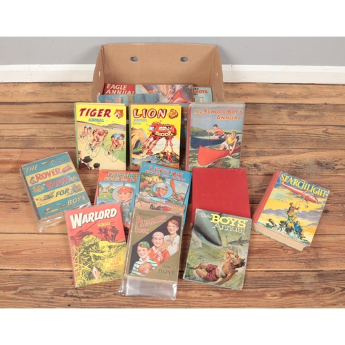 434 - A box of mostly annuals for boys. Includes Warlord, Lion, The Rover Book, etc.