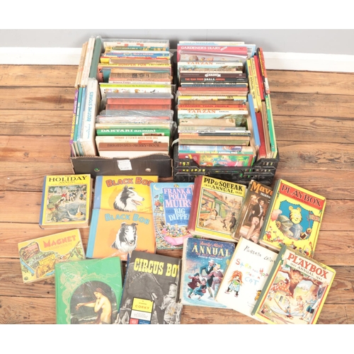 457 - Two boxes of assorted books and annuals. Includes 1930 Pip & Squeak annual, Tarzan, Lucie Attwell Ch... 