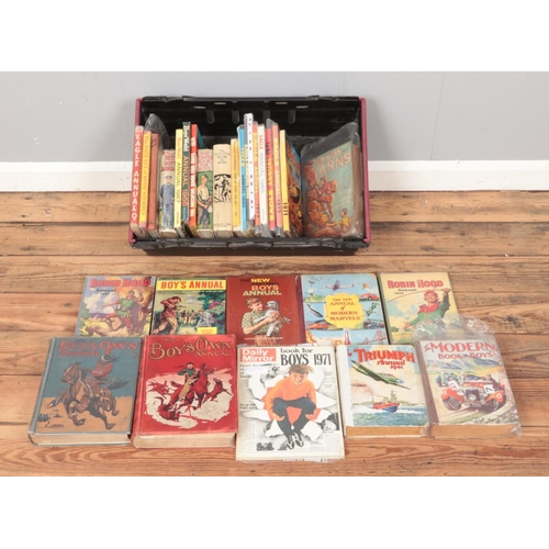 470 - A box of annuals for boys. Includes 1910 The Boy's Own Annual, 1950s Robin Hood annuals, Triumph, Ea... 