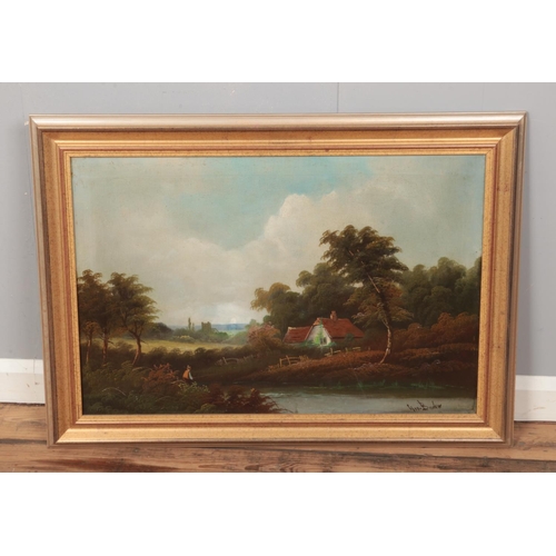 237 - Gill Barker framed oil on canvas depicting countryside cottage landscape with figures. Approx. dimen... 