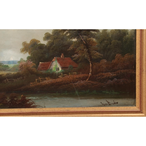 237 - Gill Barker framed oil on canvas depicting countryside cottage landscape with figures. Approx. dimen... 