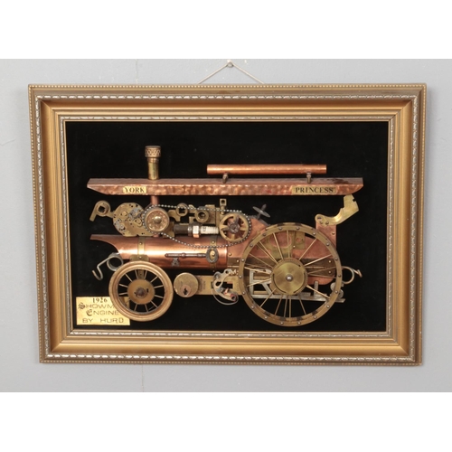 239 - A gilt framed copper and brass train model display in the form of a 1926 Showman Engine by Hurd. App... 