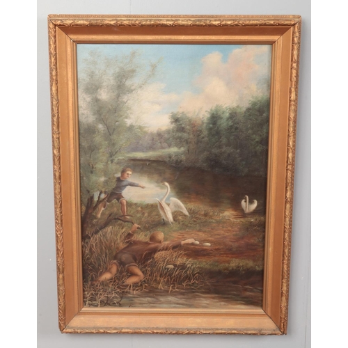 251 - A large gilt framed oil on canvas. Depicting two children stealing a swans eggs. (84cm x 59cm)