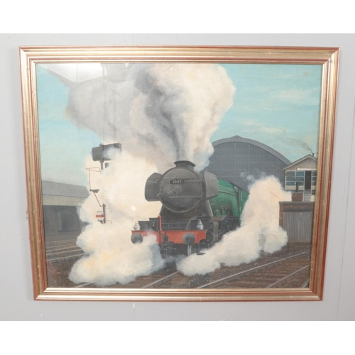 252 - A framed oil on board depicting a steam train at Kings Cross station. Initialled JGB to the bottom r... 