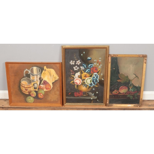 257 - Three framed still life oil paintings. Includes J.H.Brownlee, Prinnett signed examples, etc.