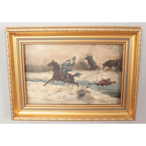 259 - W.G. Cook, pair of gilt framed oil on board, depicting cavalry battle scenes. (19cm x 28cm)