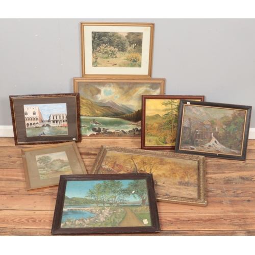 261 - A collection of framed landscape paintings. Includes R.Porter framed watercolour Venetian scene, etc... 