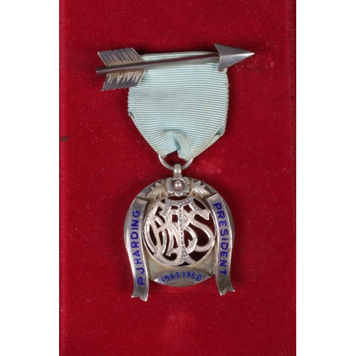 294 - A silver fob on blue ribbon with arrow badge, awarded to PJ Harding, President 1967-68. Assayed for ... 