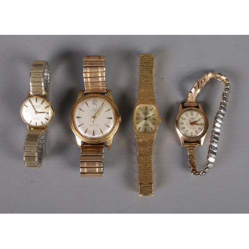 296 - Four yellow metal ladies wristwatches including Lindex, Montine, Paul Jobin and Fattorini.