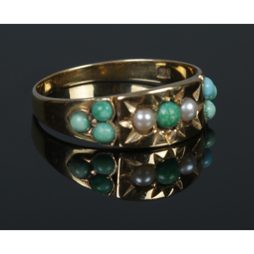 298 - A Victorian Gold, Turquoise and Pearl multi-stone ring. Stamped 15 to the inside of the band. Size P... 