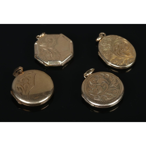 315 - Four vintage 9ct Gold lockets; one assayed for Chester, 1954. Total weight: 13.3g.