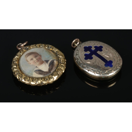 327 - Two Victorian yellow metal lockets, with crucifix detailing and miniature portraits to the front. To... 