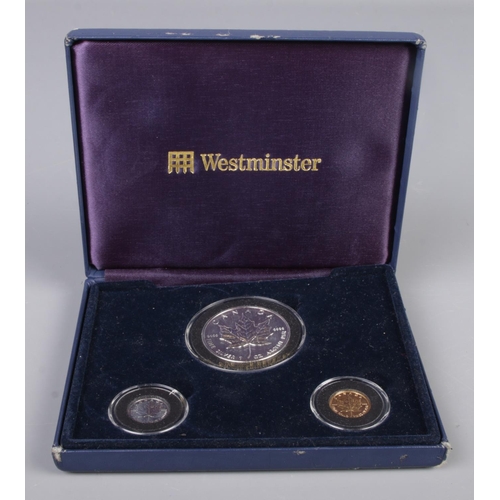 373 - A cased set of three 1996 Westminster Canadian coins. To include fine silver 1oz 5 Dollars, fine pla... 