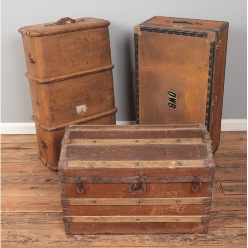 406 - Vintage steamer trunk along with dome top example and other travel trunk.