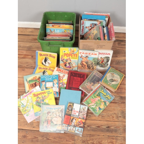 429 - Two boxes of vintage annuals and books. Includes Chatterbox, Popeye, Robin Hood, Tarzan, Bobby Bear,... 