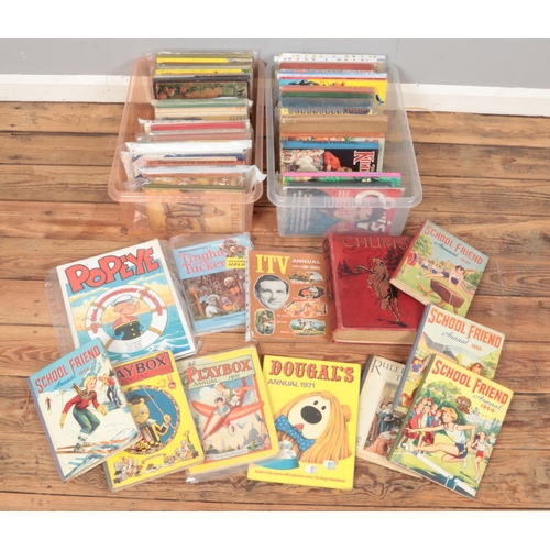 431 - Two boxes of various vintage annuals and books. Includes Popeye, Chums, School Friend, Phil Mays, et... 