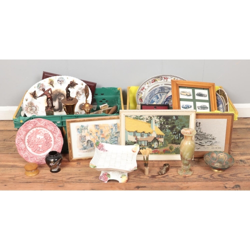 121 - Two boxes of assorted miscellaneous, to include snooker trophies, onyx vase, ceramic centerpiece, vi... 