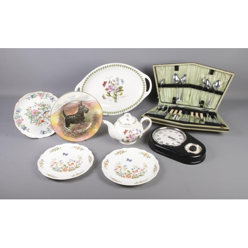 130 - A mixed box of Port Meirion, Royal Doulton and Aynsley ceramics along with a mixed canteen of cutler... 