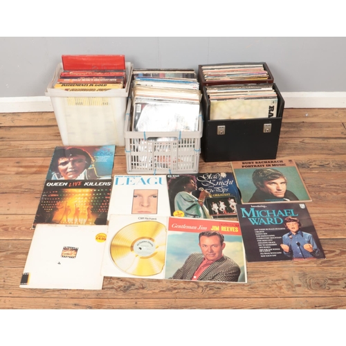 143 - Two boxes and two carry cases of vinyl LP Records of mainly pop and easy listening to include Elvis ... 