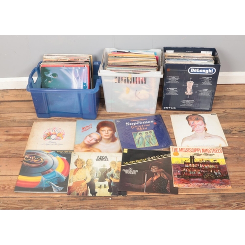 146 - Three boxes of vinyl LP records of mainly pop and easy listening including David Bowie, Jeff Lynne's... 