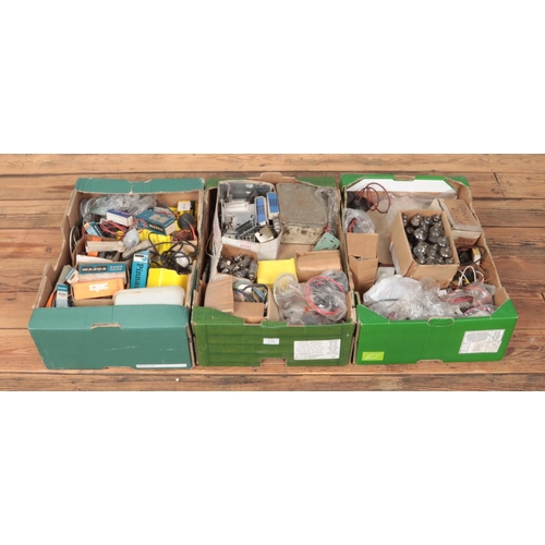 164 - Three boxes of tv/radio spares and repairs, including valves, etc.