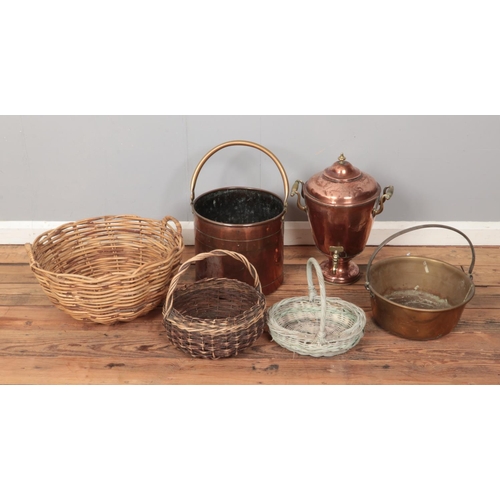 207 - Copper and brass samovar with brass jam pan, copper and brass coal bucket and assorted wicker basket... 