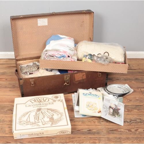 220 - A trunk containing a large quantity of lace and linen along with boxed Dryad lace making kit, cross ... 